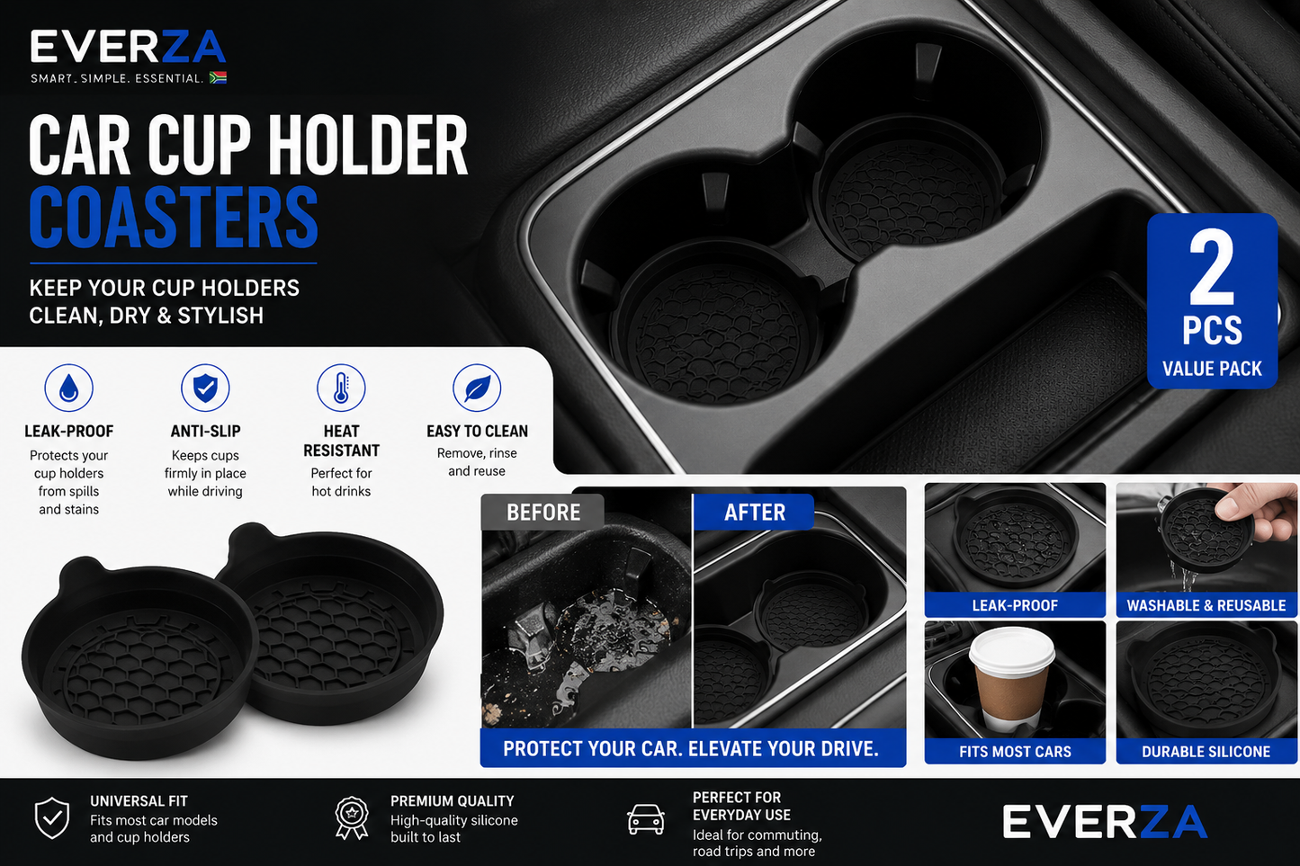 EVERZA Premium Silicone Car Cup Holder Coasters (2 Pack)