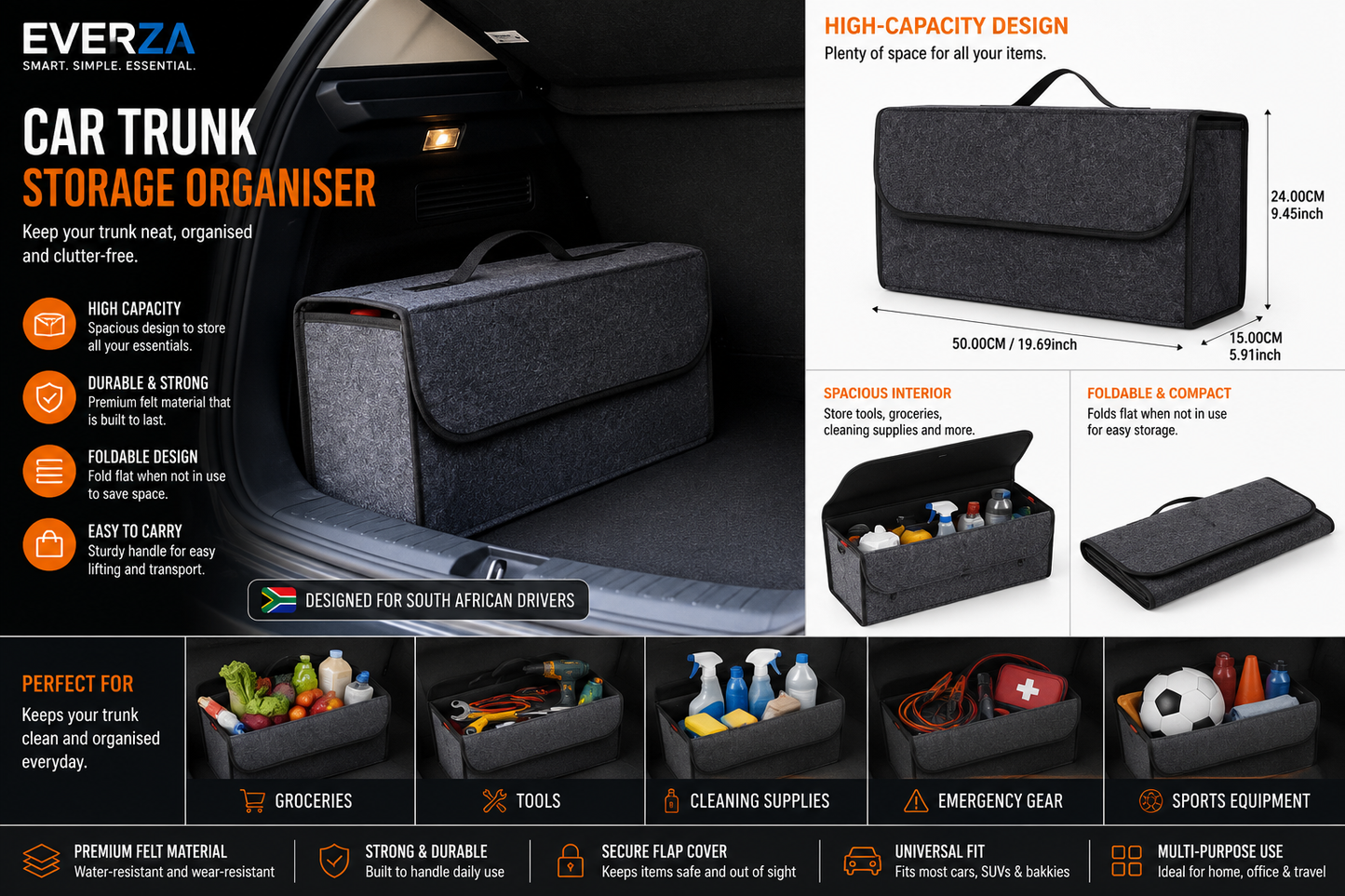 EVERZA Premium Felt Car Boot Organiser