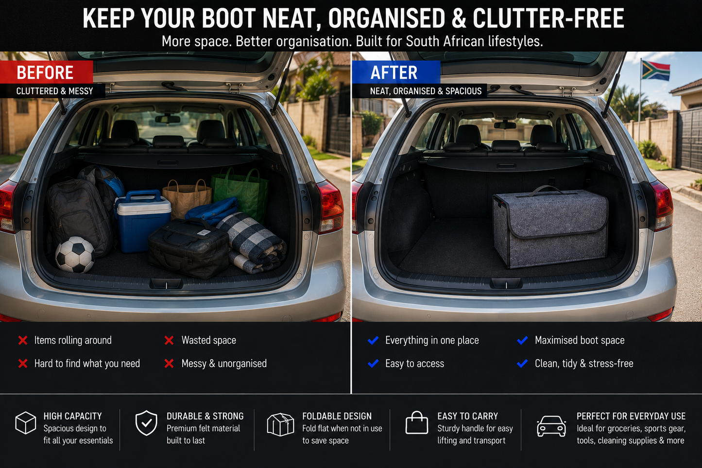 EVERZA Premium Felt Car Boot Organiser